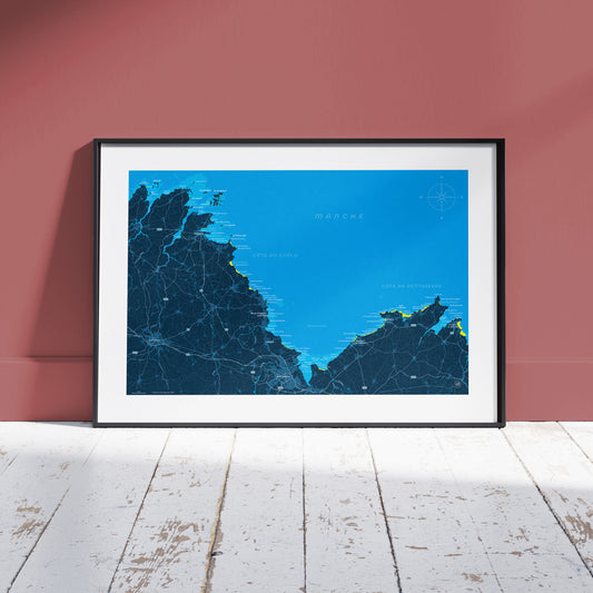 Présentation encadrée de la carte de la baie de Saint-Brieuc, format 50 x 70 cm