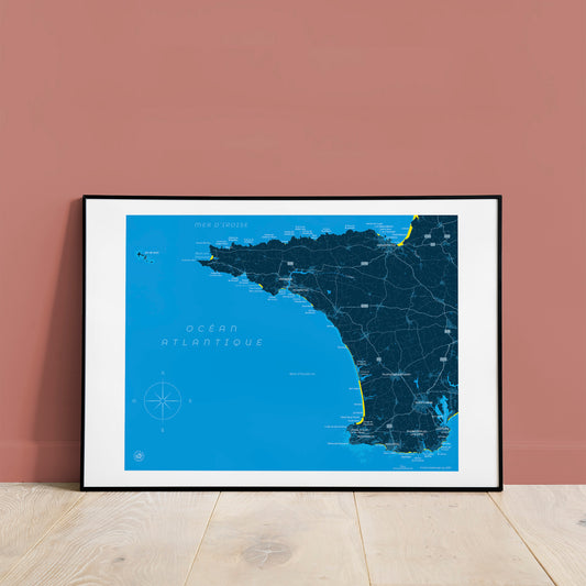Présentation encadrée de la carte de la baie d'Audierne, format 40 x 50 cm