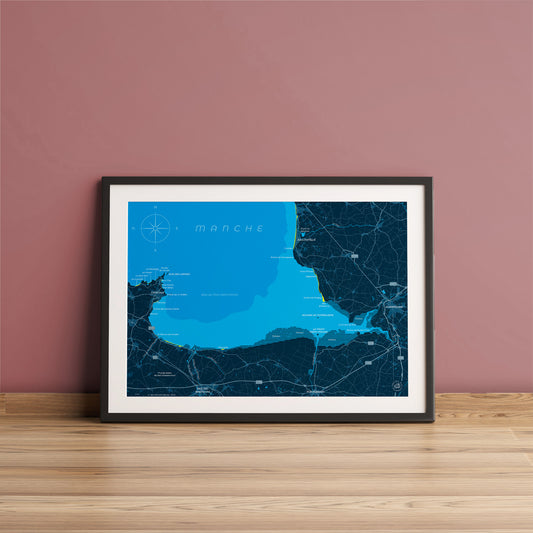Présentation encadrée de la carte de la baie du Mont-Saint-Michel, format 30 x 40 cm