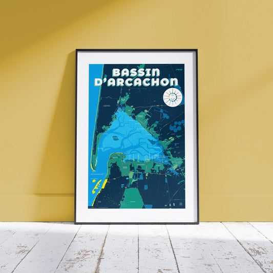 Présentation de la carte du bassin d'Arcachon encadrée, format Gourmand - 50 x 70 cm