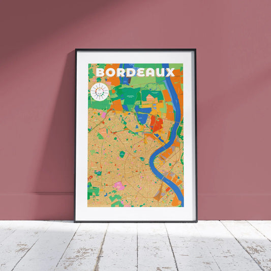 Présentation de la carte de Bordeaux encadrée, format Gourmand - 50 x 70 cm