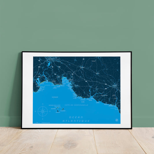 Présentation encadrée de la carte de la côte de Cornouaille et des îles des Glénan, format 40 x 50 cm