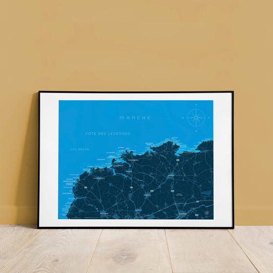 Présentation encadrée de la carte de la côte des Légendes et des Abers, format 40 x 50 cm