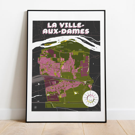 Présentation encadrée de la carte de La Ville-aux-Dames, format 40 x 50 cm