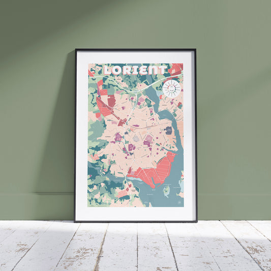 Présentation de la carte de Lorient encadrée, format Gourmand - 50 x 70 cm