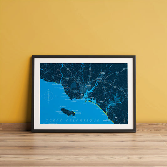 Présentation encadrée de la carte du littoral autour de l'île de Groix et de Lorient, format 30 x 40 cm