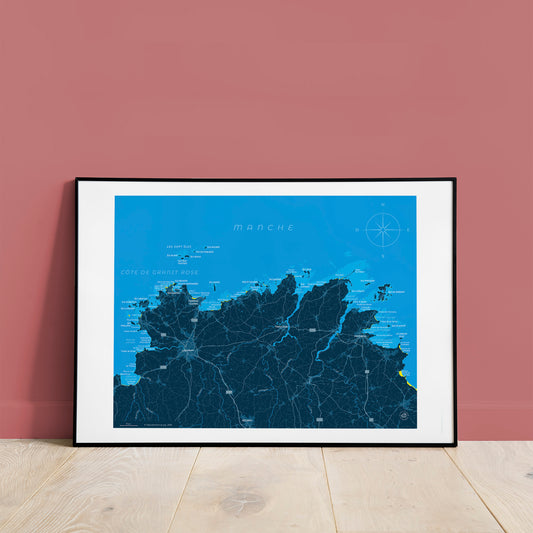 Présentation encadrée de la carte de la côte de Granit Rose et de Goëlo, format 40 x 50 cm