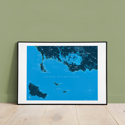 Présentation encadrée de la carte de la baie de Quiberon et du Golfe du Morbihan, format 40 x 50 cm