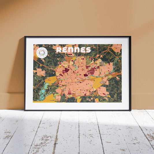Présentation encadrée de la carte de Rennes, format Gourmand - 50 x 70 cm