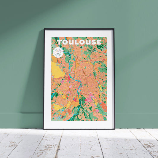 Présentation de la carte de Toulouse encadrée, format Gourmand - 50 x 70 cm
