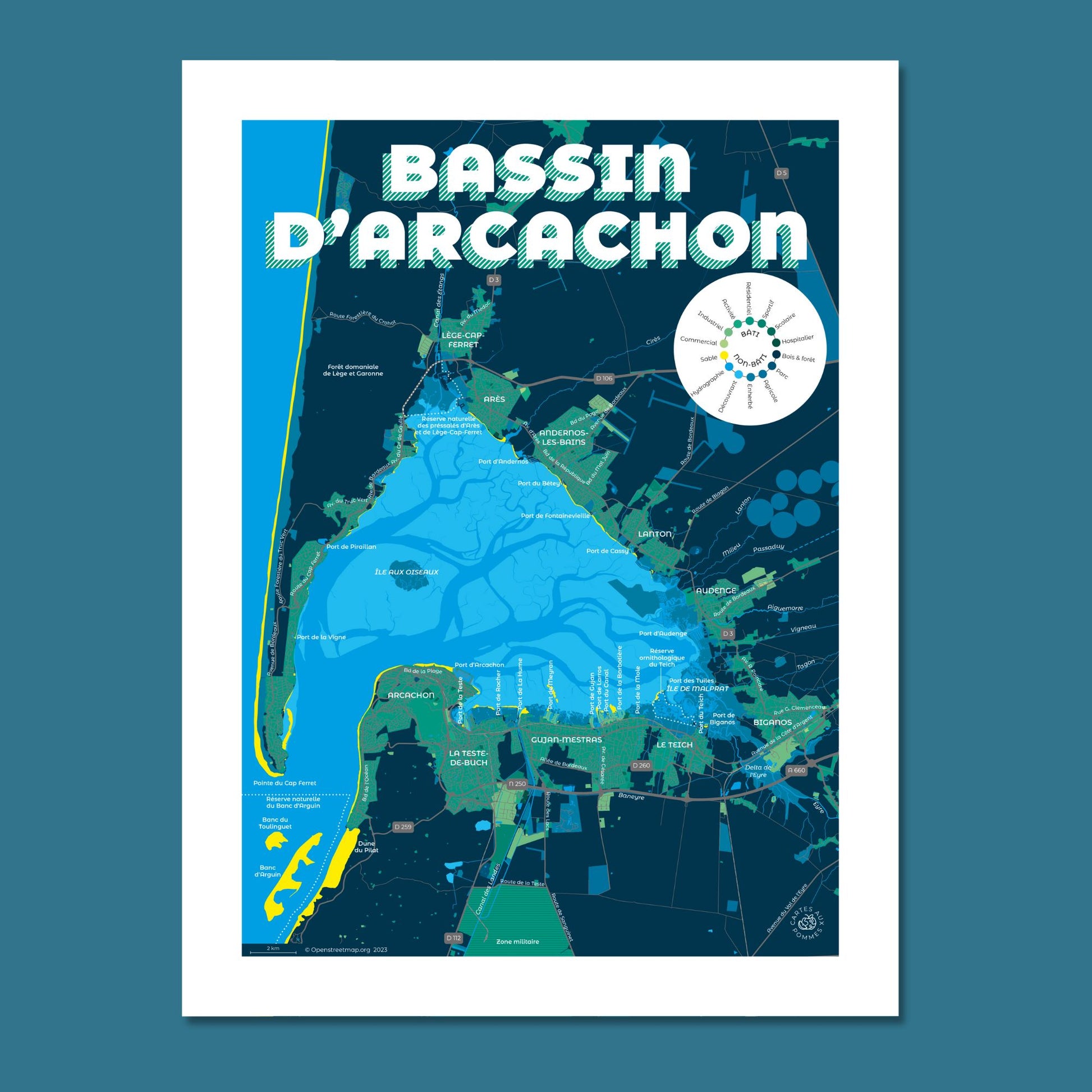 Présentation d'un extrait de la carte du bassin d'Arcachon, format Goûter - 30 x 40 cmc
