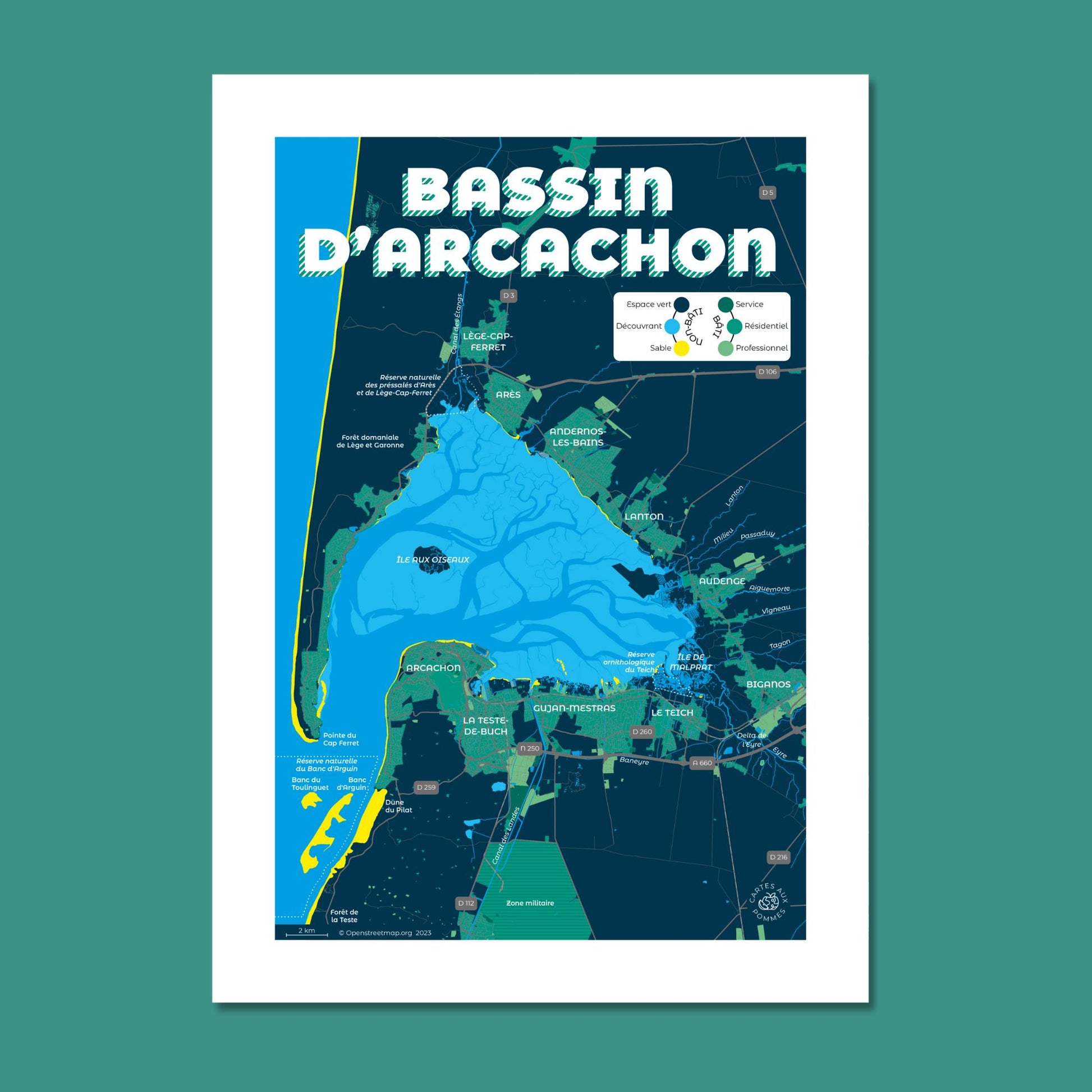 Présentation d'un extrait de la carte du bassin d'Arcachon, format Encas - 21 x 29,7 cm