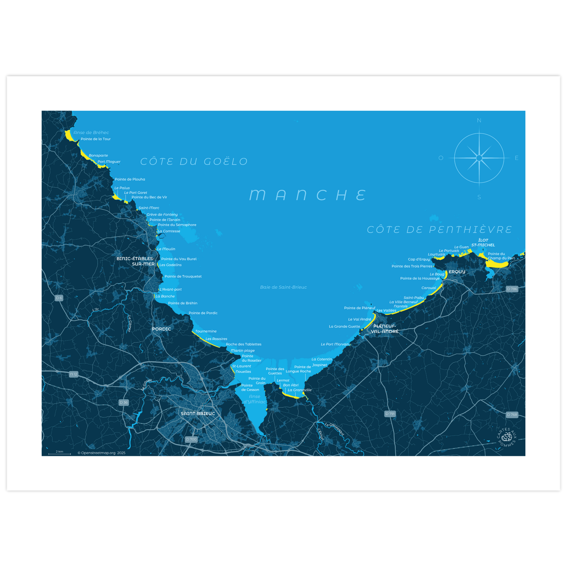 Présentation de la carte de la baie de Saint-Brieuc au format Goûter de format 30 x 40 cm, non encadrée.