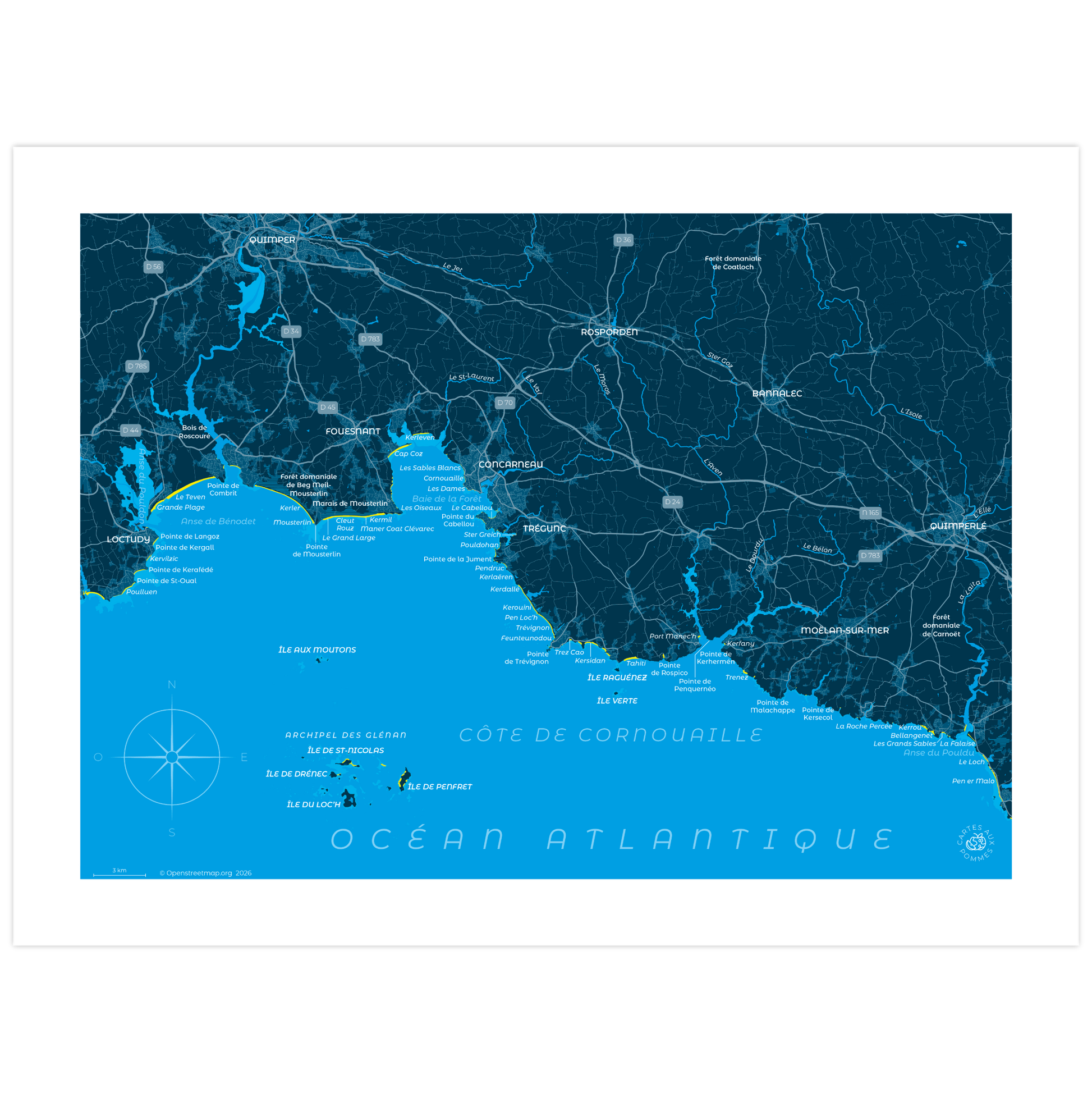 Carte représentant la côte de Cornouaille, imprimée au format 30 x 40 cm