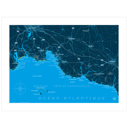 Carte représentant la côte de Cornouaille, imprimée au format 30 x 40 cm