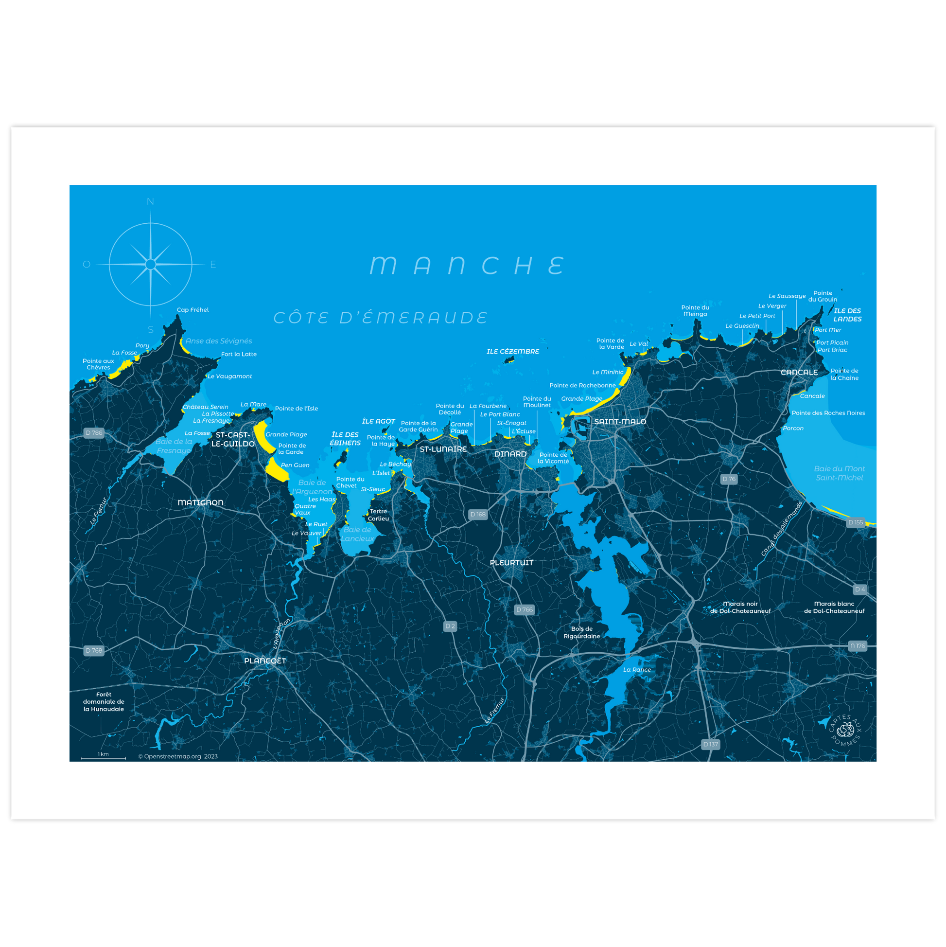 Carte représentant la côte d’Émeraude, imprimée au format 30 x 40 cm