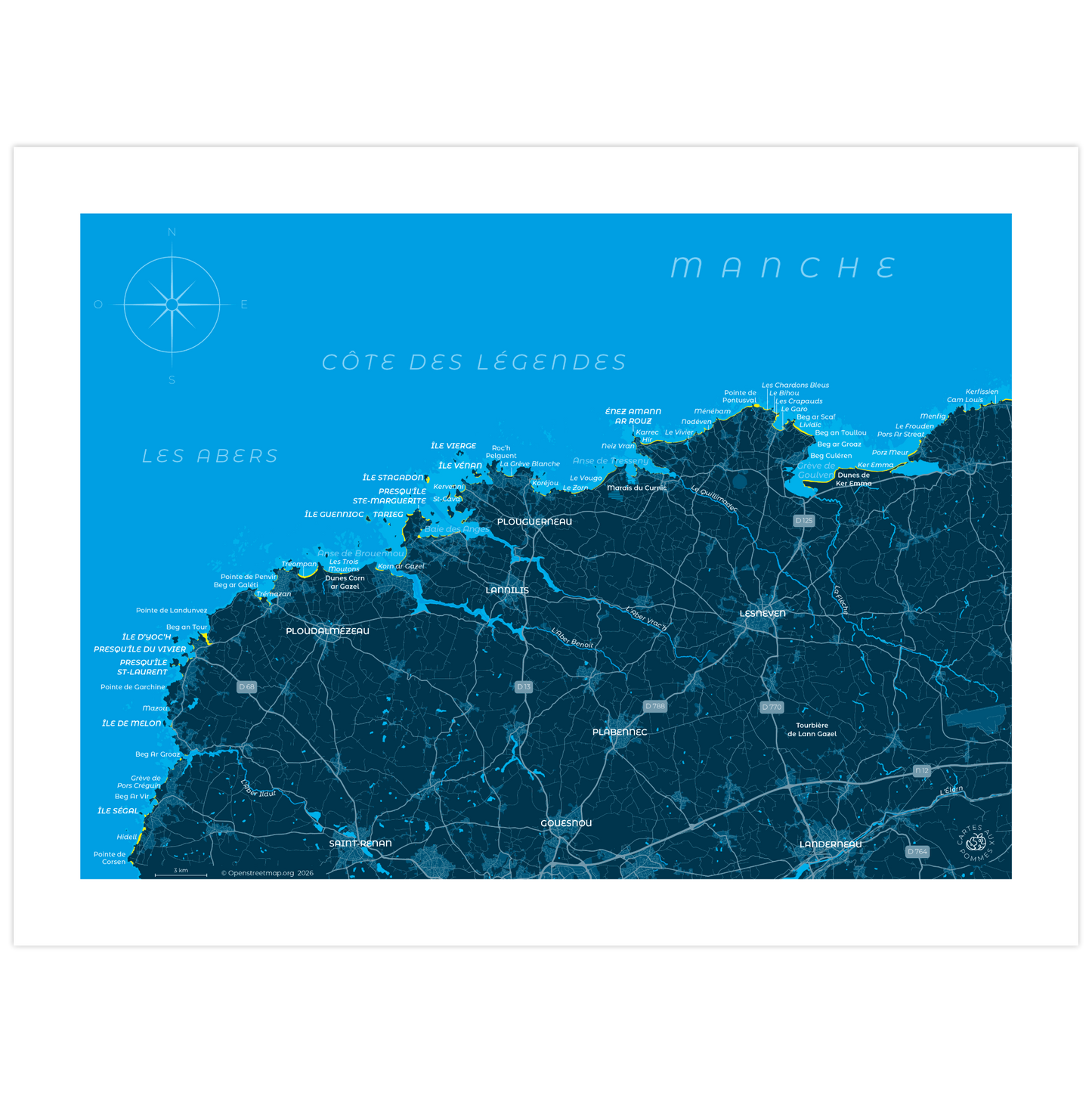 Carte représentant la côte des Légendes et des Abers, imprimée au format 30 x 40 cm