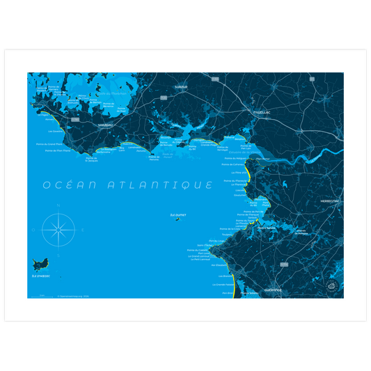 Carte représentant la côte autour de l'estuaire de La Vilaine, imprimée au format 30 x 40 cm