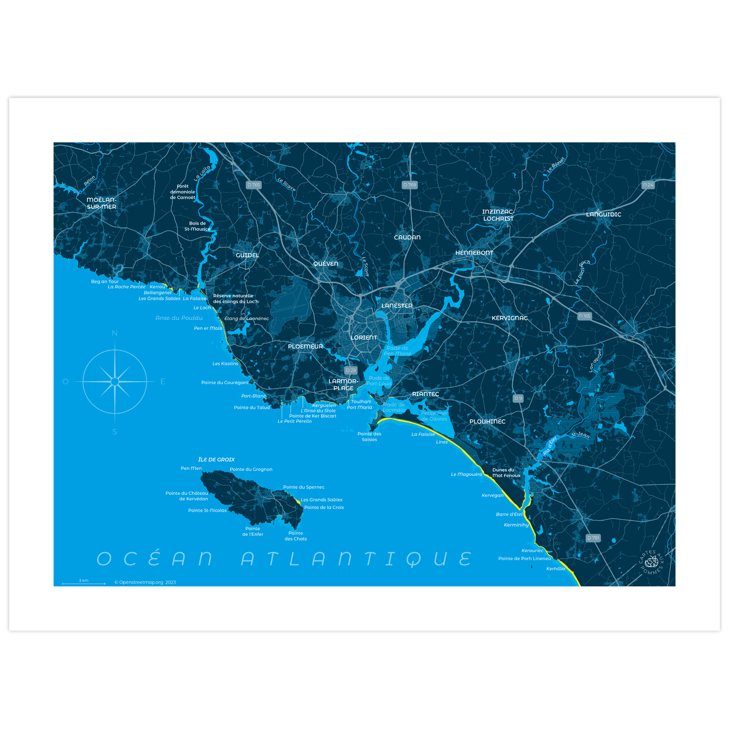 Carte représentant la côte autour de Lorient et l'île de Groix au format 30 x 40 cm