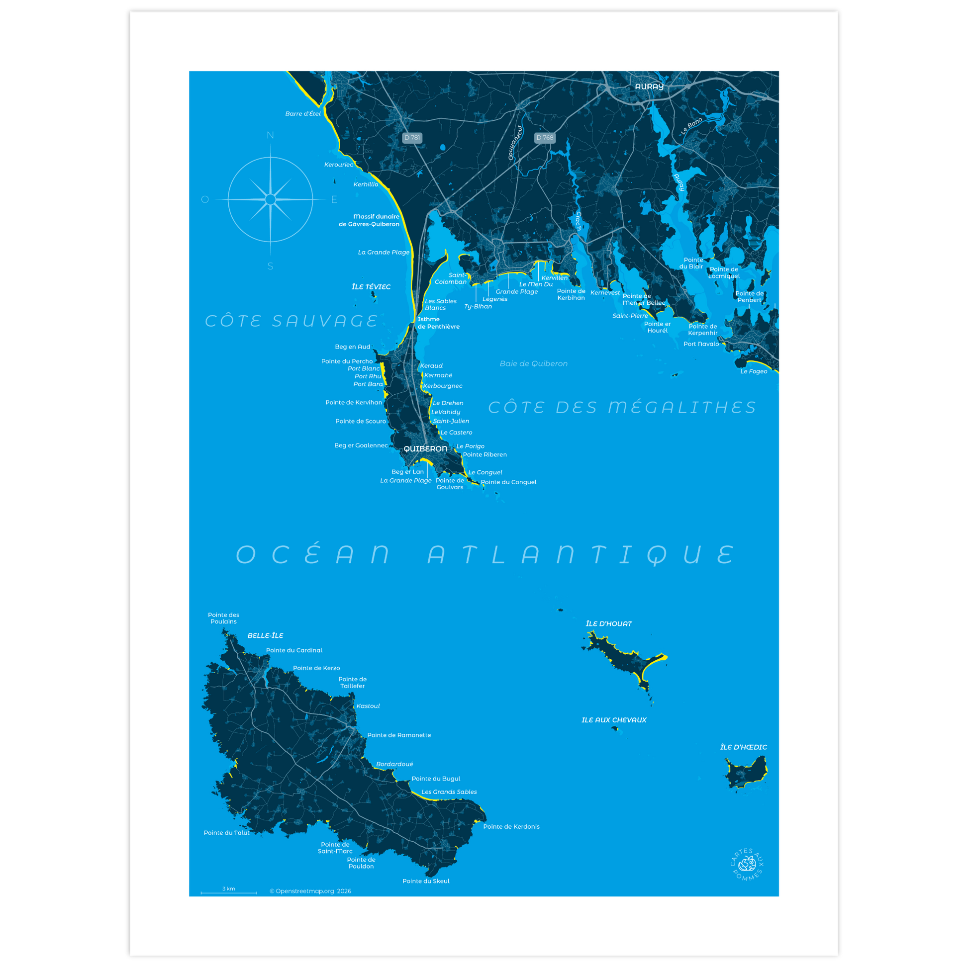 Carte représentant la presqu'île de Quiberon, imprimée au format 30 x 40 cm