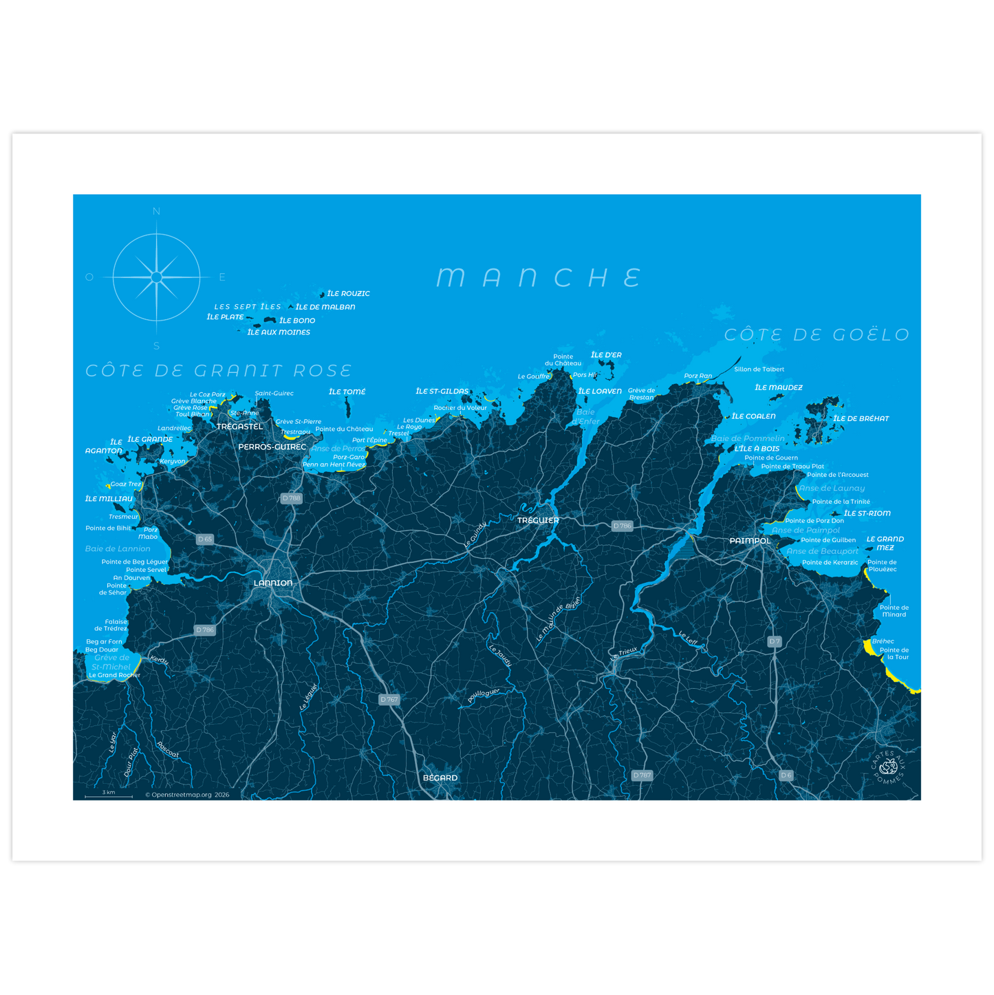 Carte représentant la côte de Granit et Rose et la côte de Goëlo au format 30 x 40 cm