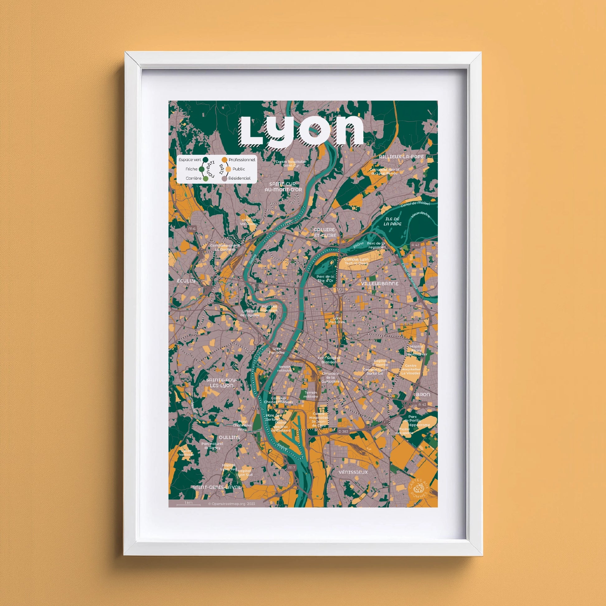 Présentation encadrée de la carte de Lyon, format Encas - A4