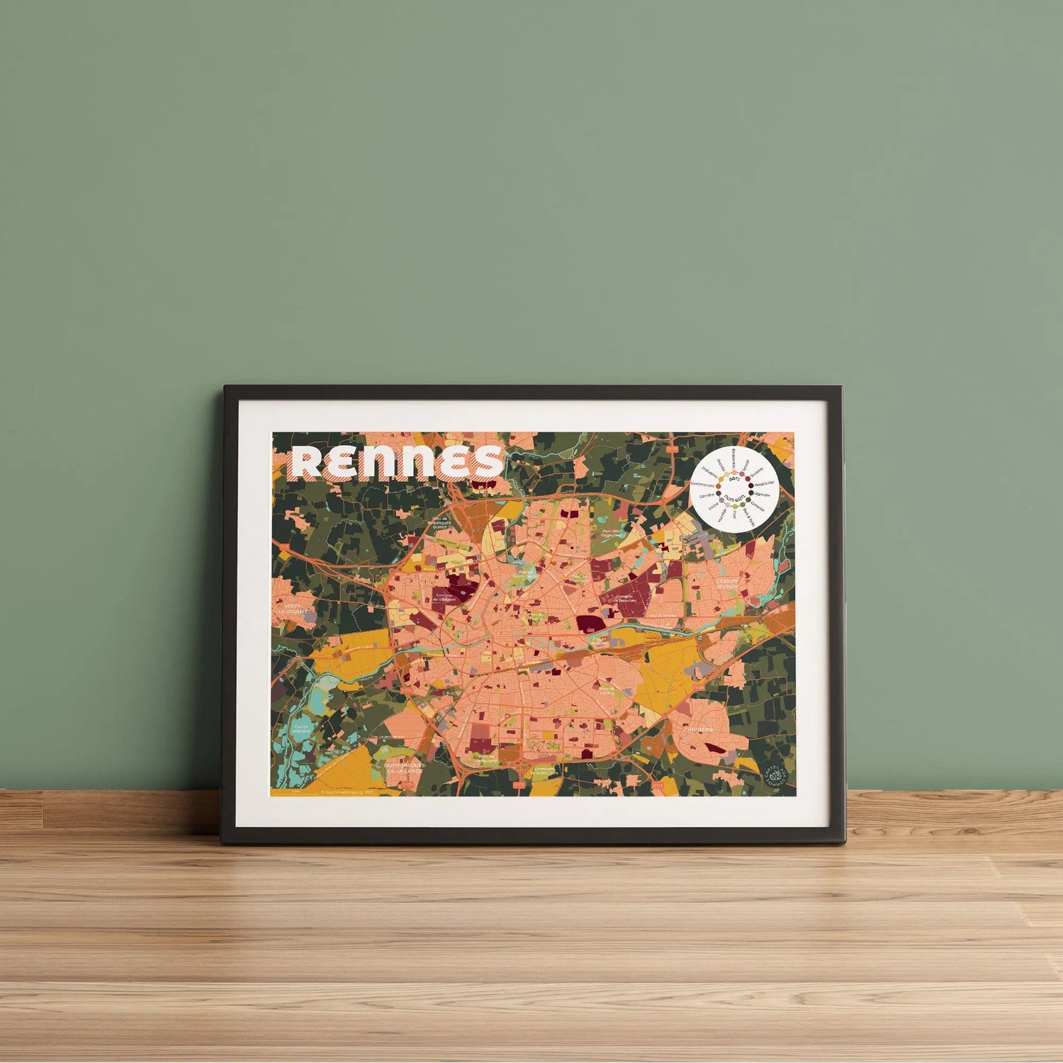 Présentation encadrée de la carte de Rennes, format Goûter - 30 x 40 cm