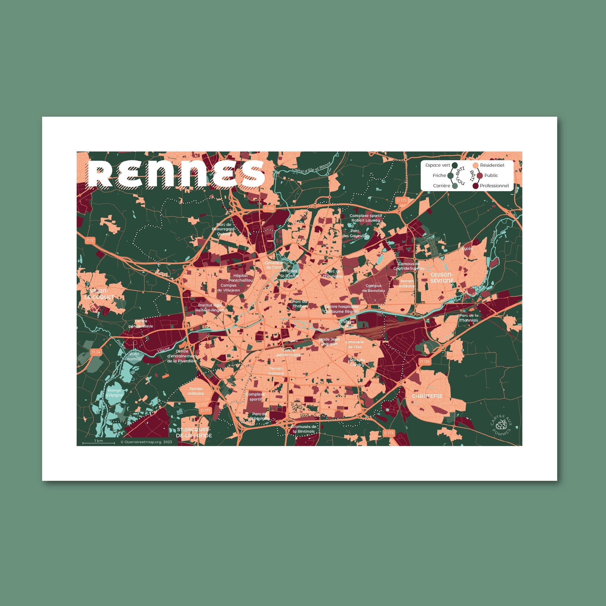 Présentation d'un extrait de la carte de Rennes, format Encas - 21 x 29,7 cm