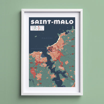 Présentation encadrée de la carte de Saint-Malo, format Encas - 21 x 29,7 cm