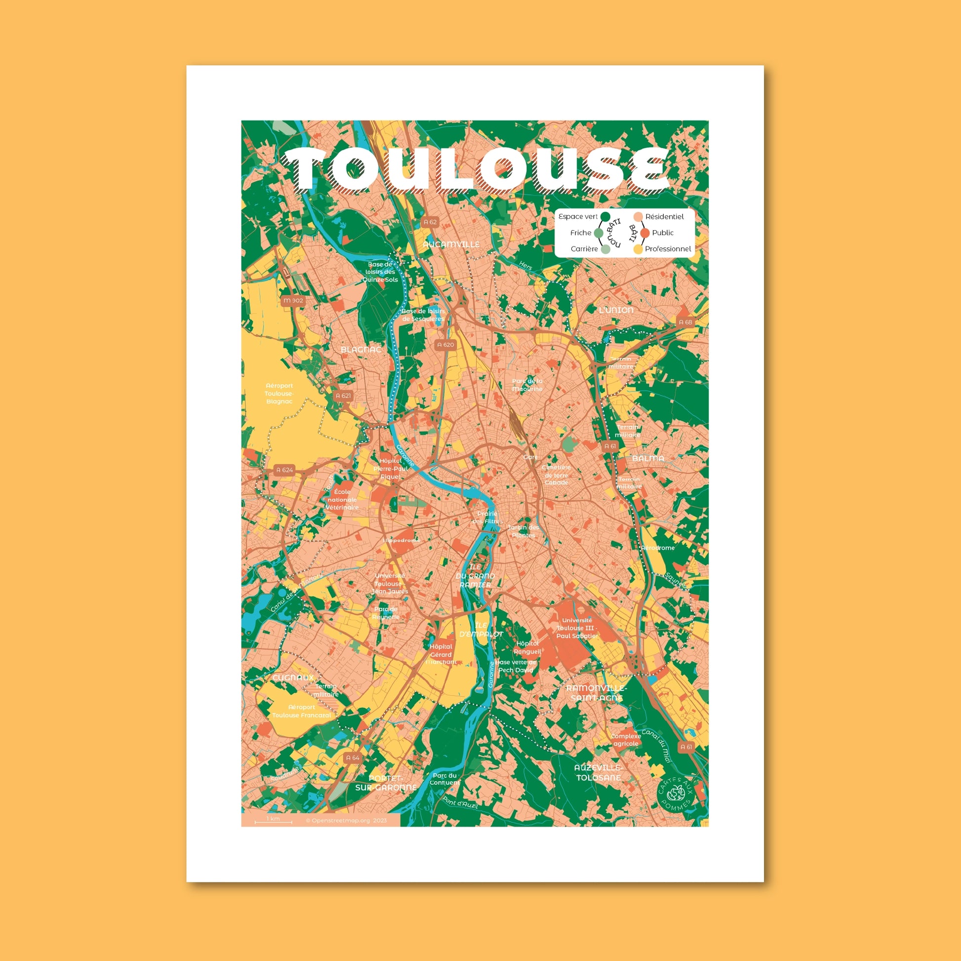 Présentation de la carte de Toulouse, format Encas - 21 x 29,7 cm