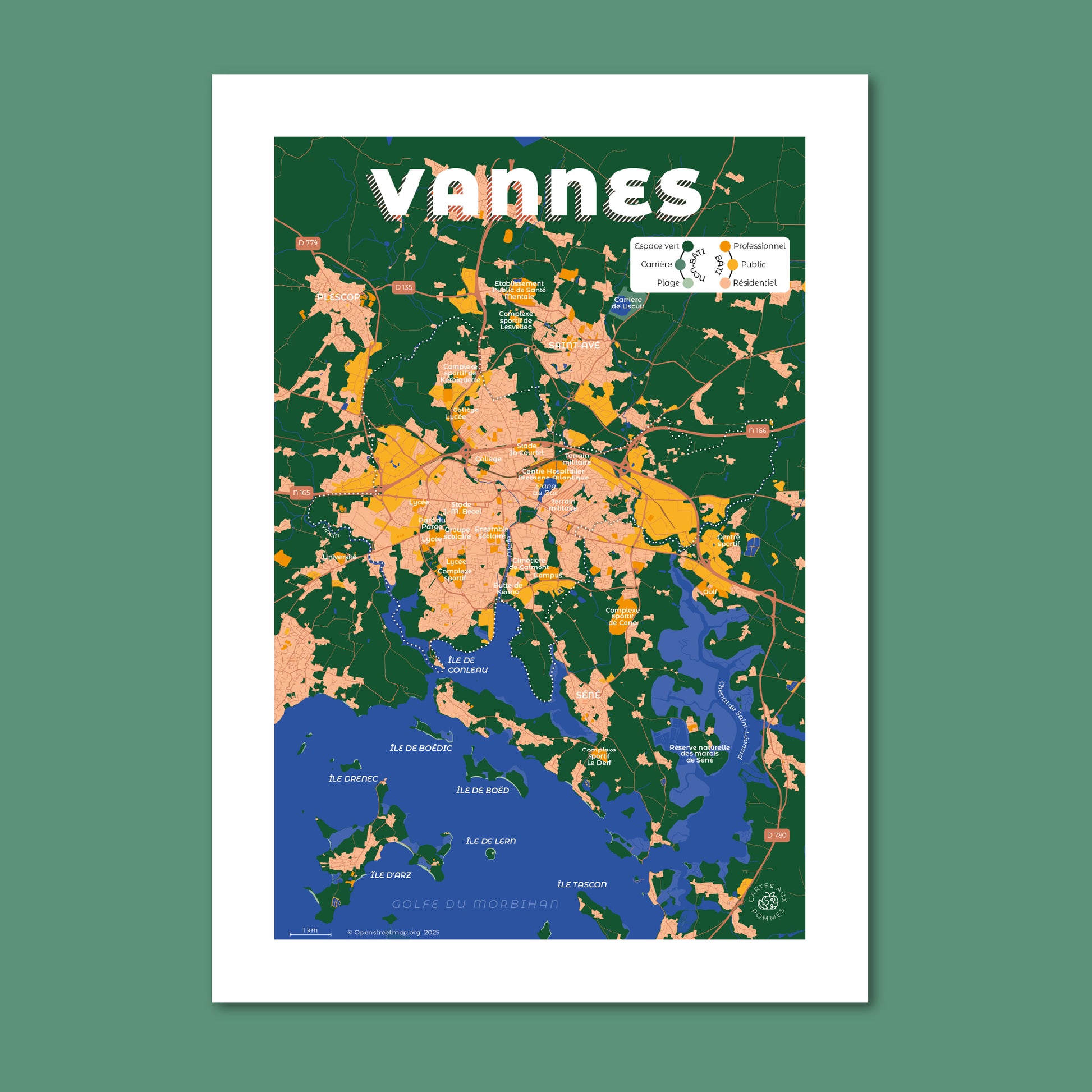 Présentation de la carte de Vannes, format Encas - 21 x 29,7 cm
