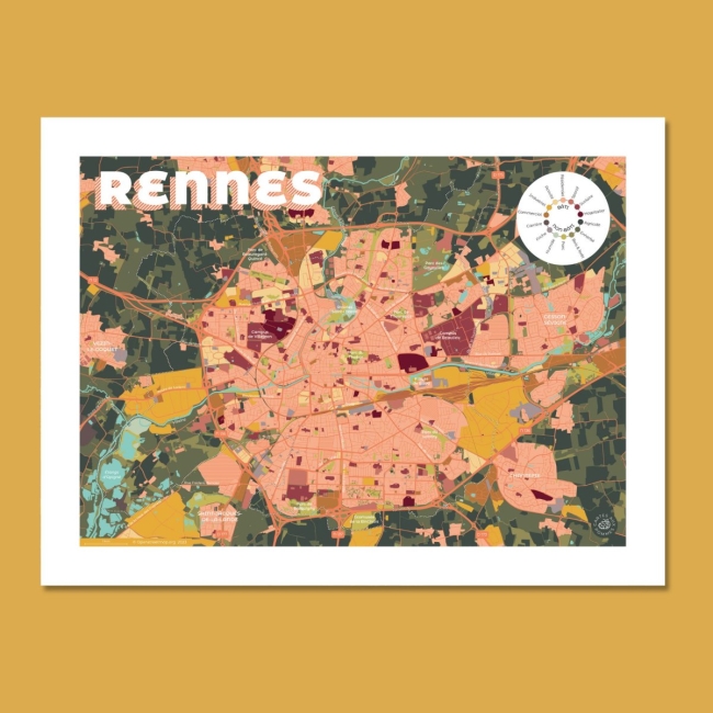 Affiche carte de Rennes - 30x40 cm
